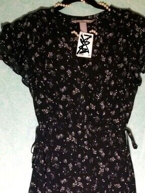 H&M Black Floral Short Sleeve Midi Dress